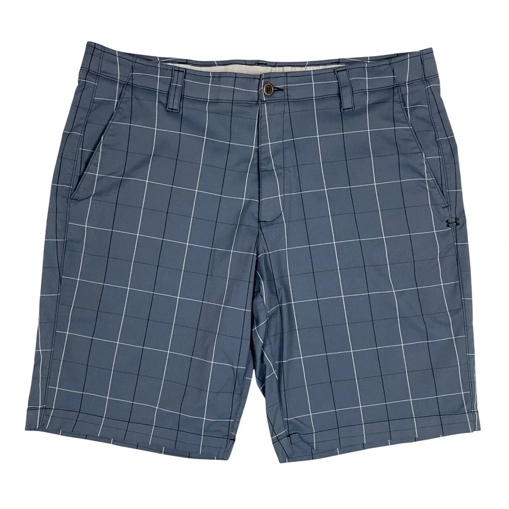 Under Armour HeatGear Windowpane Plaid‎ Loose Fit Golf Shorts Mens 40 Blue Gray